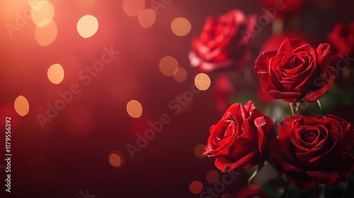 Heartfelt Valentine’s Day design with a rich red theme, glowing bokeh, and romantic rose heart centerpiece