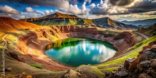 Aerial view of Racos Volcano's dramatic crater: minimalist Romanian landscape, breathtaking nature. photo