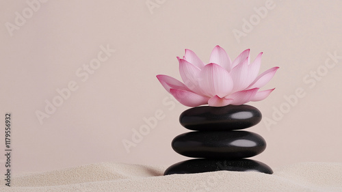 Pink lotus flower on stacked black zen stones symbolizes balance, relaxation and wellness in spa treatment and meditation
