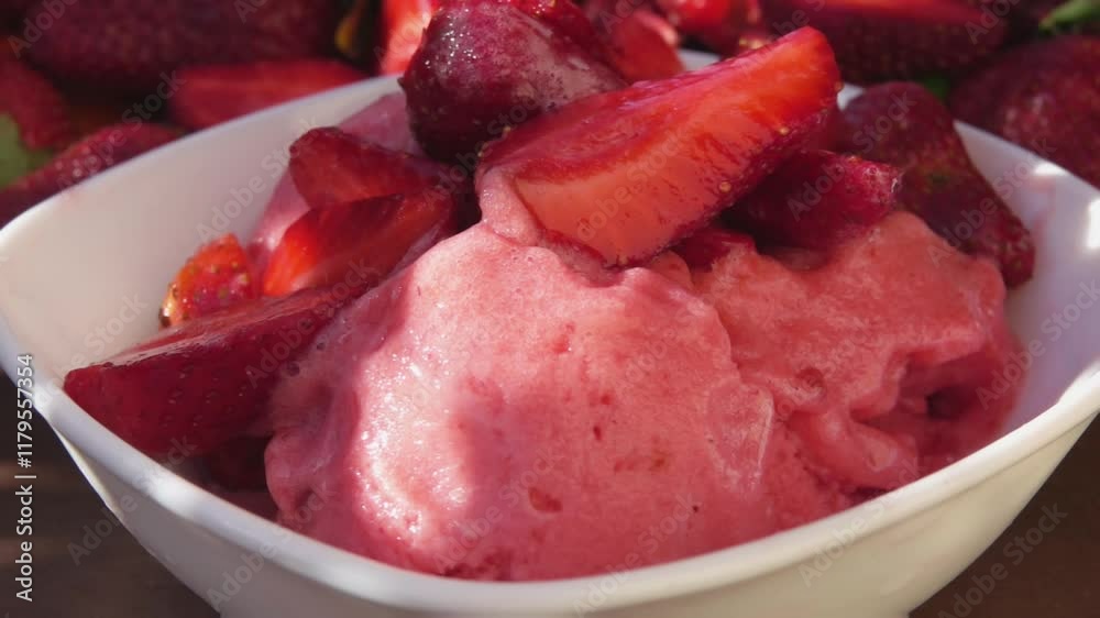 Strawberry pieces falling on strawberry sorbet. Close-up. High quality FullHD footage Strawberry pieces falling on strawberry sorbet. Close-up. High quality FullHD footage