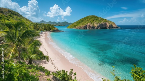 Fototapeta Naklejka Na Ścianę i Meble -  Secluded Caribbean Beach Paradise Turquoise Waters, White Sand, Lush Palms