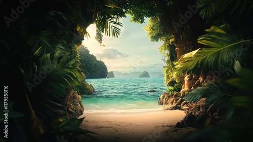 a cinematic movie poster of a jungle beach, looking out into the sea, should feel lush