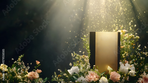 elegant wedding guestbook surrounded by beautiful flowers and soft light