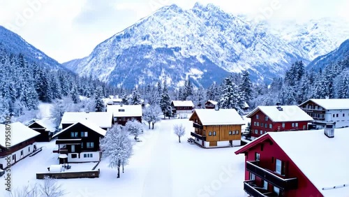 Winter Wonderland: Aerial View of a Nordic Village in Snow