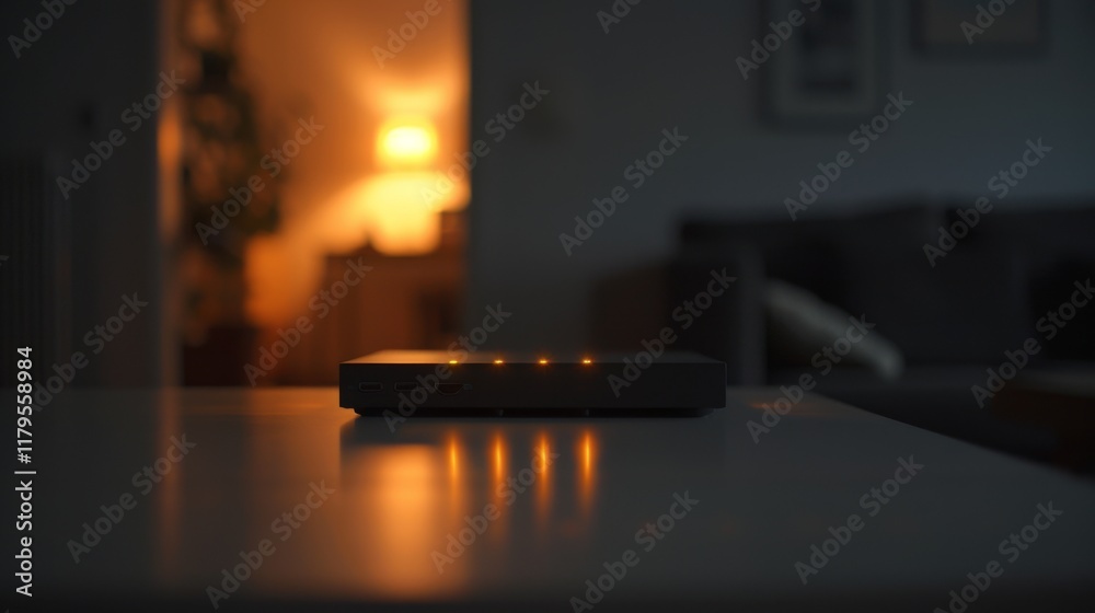 Modern router with blinking LED lights on clean desk. Symbolizes network security with copy space for text or design. Modern router with blinking LED lights on clean desk. Symbolizes network security with copy space for text or design.