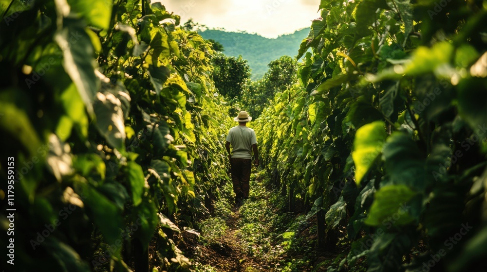 Fototapeta premium Farmer Walking Through Lush Green Rows of Crops at Sunset