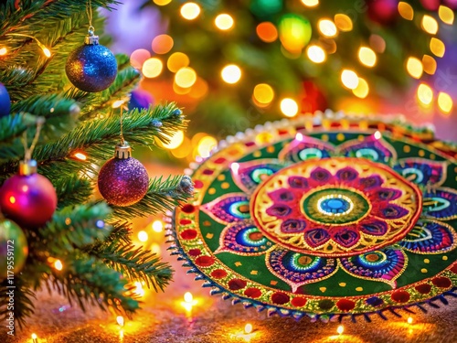 Festive Indian Christmas: Double Exposure of Lights & Decorations photo