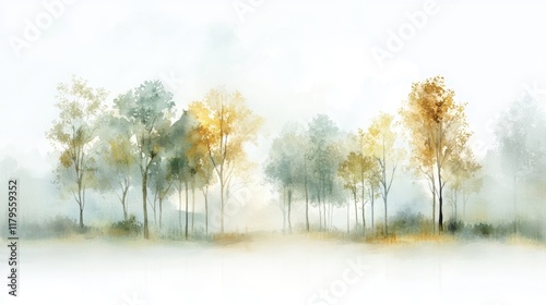 Luminous watercolor forest painting, sunlight dappled trees and lush foliage create a tranquil sanctuary
