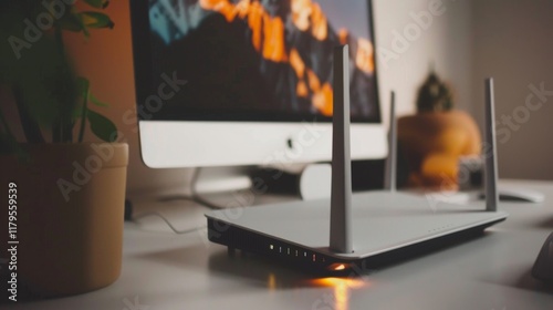 Modern router with blinking LED lights on clean desk. Symbolizes network security with copy space for text or design.