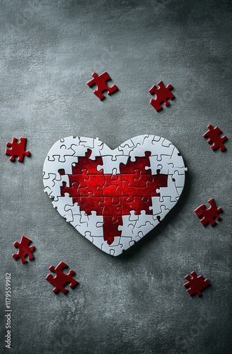 A beautifully crafted puzzle heart showcases a vibrant red center surrounded by white pieces, symbolizing the journey of love and connection through shared experiences and challenges. photo