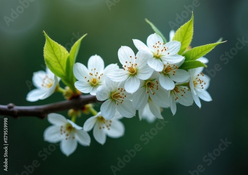 Cherry blossom branch in full bloom with delicate white flowers and fresh green leaves