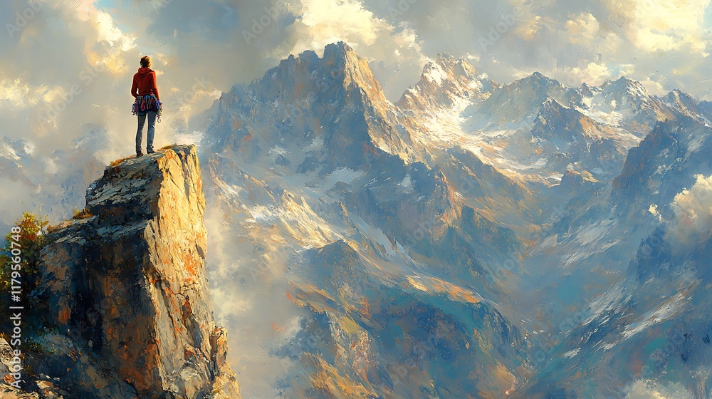 Climber Overlooking Majestic Mountain Range Climber Overlooking Majestic Mountain Range