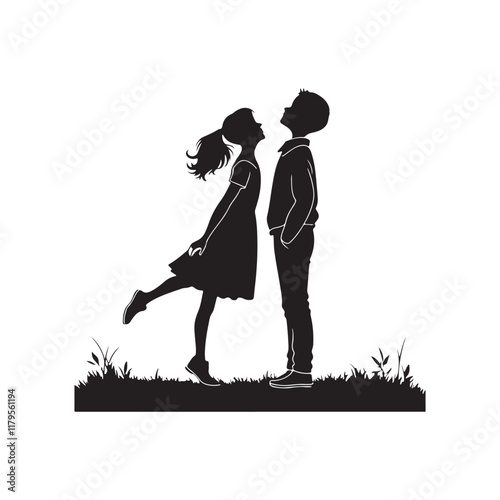 cute young couple lover boyfriend and girlfriend male and female character heart love icon silhouette vector art flat design