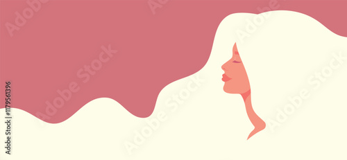 Beauty banner with beautiful blond woman with long hair in profile. Woman with long flowing hair. Banner for beauty salon, hair salon, Womens Day