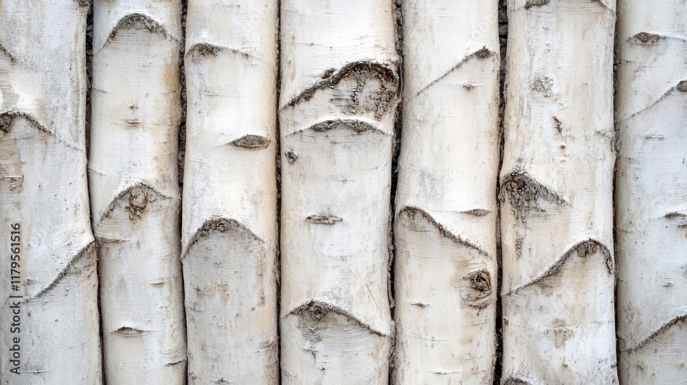 Naklejka premium Close-up of multiple light-colored birch tree trunks arranged vertically, showing detailed bark texture.