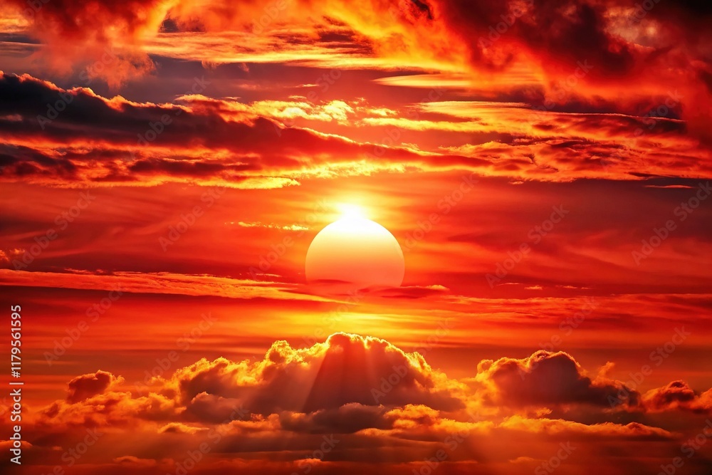 Obraz premium Fiery Sunset: Close-Up Sunburst in Red Sky - Telephoto View