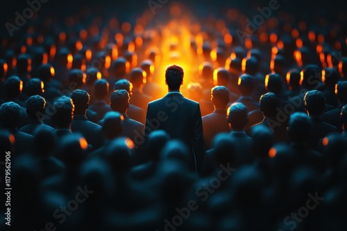 A solitary figure stands at the forefront of a sea of indistinguishable silhouettes illuminated by a warm glow, reflecting themes of individuality and collective existence.