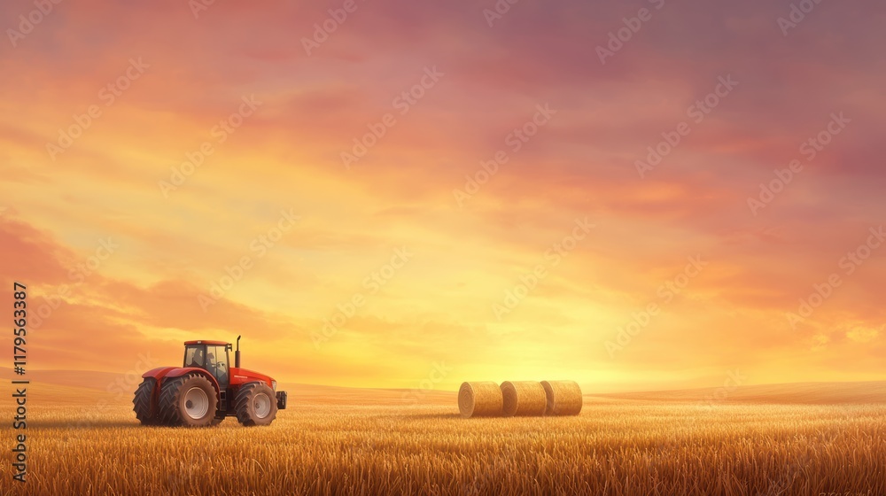 Fototapeta premium Golden wheat harvest, a tractor works in the agricultural field