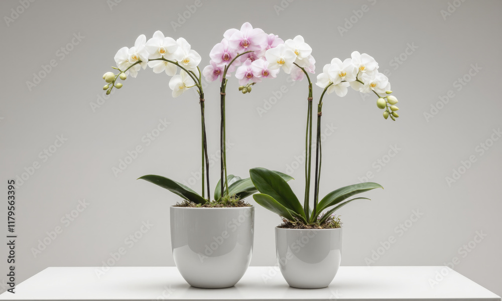 Orchid (Phalaenopsis spp.) Graceful flowering plant with long arching stems and delicate blooms in white, pink, or purple, symbolizing elegance Orchid (Phalaenopsis spp.) Graceful flowering plant with long arching stems and delicate blooms in white, pink, or purple, symbolizing elegance