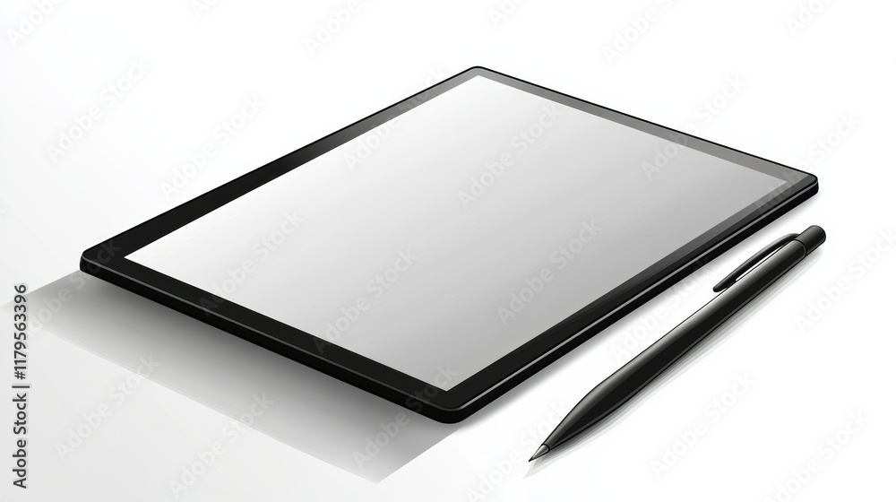 A sleek graphic tablet and stylus pen set, positioned elegantly on a white background with soft shadows, A sleek graphic tablet and stylus pen set, positioned elegantly on a white background with soft shadows,