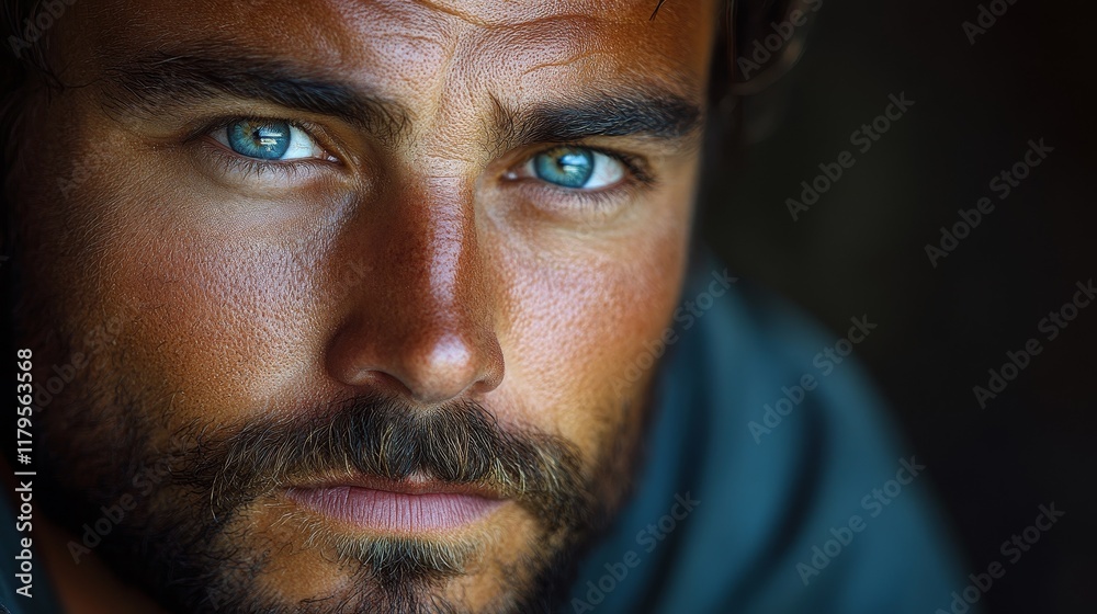 Obraz premium Urban Gothic rugged hot man with sleepy eyes and a dreamy gaze, showcasing a mysterious and intense expression, blending modern city vibes with a sense of cool detachment and allure.