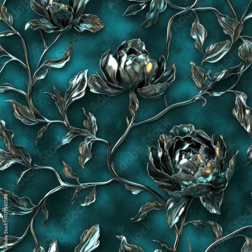 Metallic peonies and titanium branches on emerald background, luxurious seamless pattern for upscale interior design photo