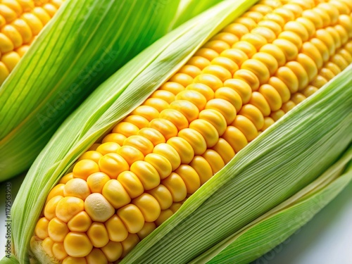 Fresh Corn on the Cob Close-Up, Vibrant Yellow Kernels, Isolated White Background