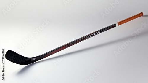 A sleek hockey stick with contrasting colors, resting diagonally on a white backdrop, photo