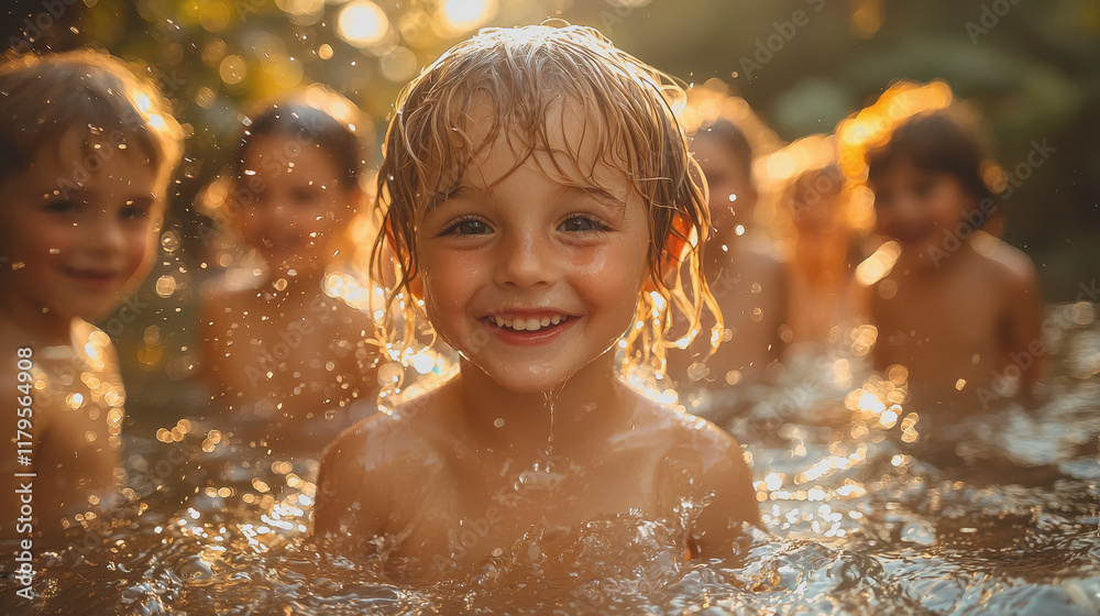 Obraz premium Joyful Young Boy Having Fun Splashing and Laughing in a Refreshing Pool of Water on a Bright Sunny Day Creating a Lively and Cheerful Atmosphere of Childhood Happiness and Playfulness