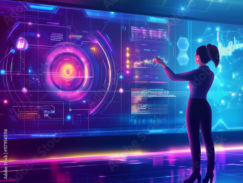 A modern office environment with robotic process automation bots managing data entry and financial reporting on multiple screens. AI algorithms control and manage  data