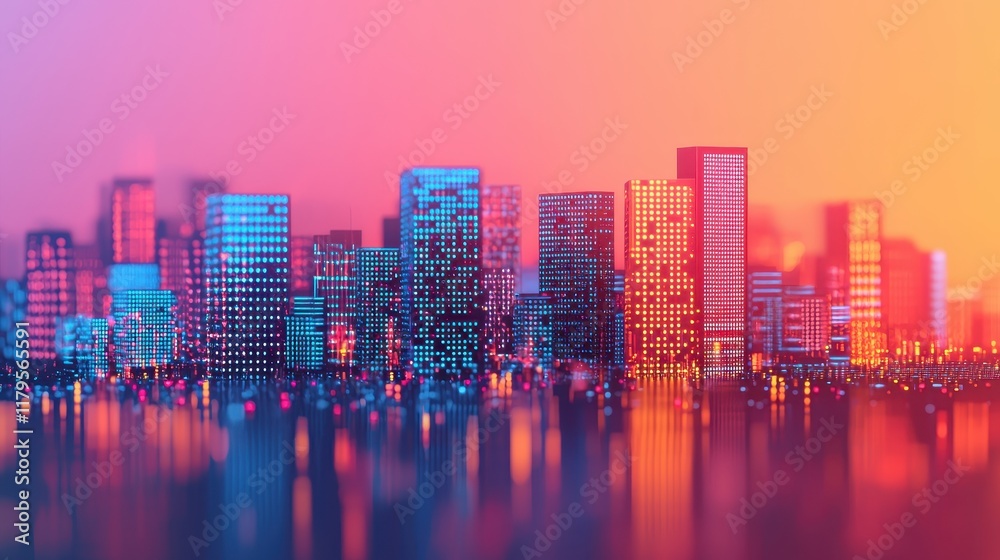 Fototapeta premium A vibrant city skyline at dusk, showcasing illuminated buildings reflected in water, with a colorful gradient sky adding depth and atmosphere.