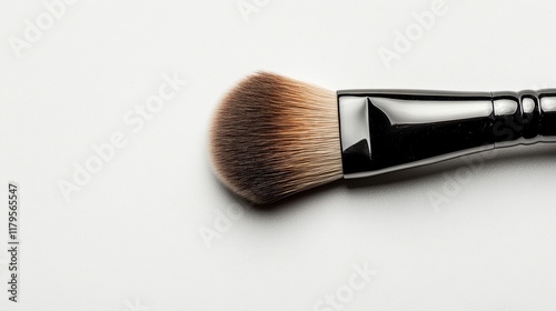 A soft-bristle makeup brush, positioned diagonally on a clean white surface, photo