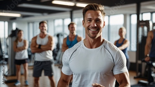 Energetic fitness enthusiasts enjoying a lively workout session in a modern gym filled with sunlight and motivation