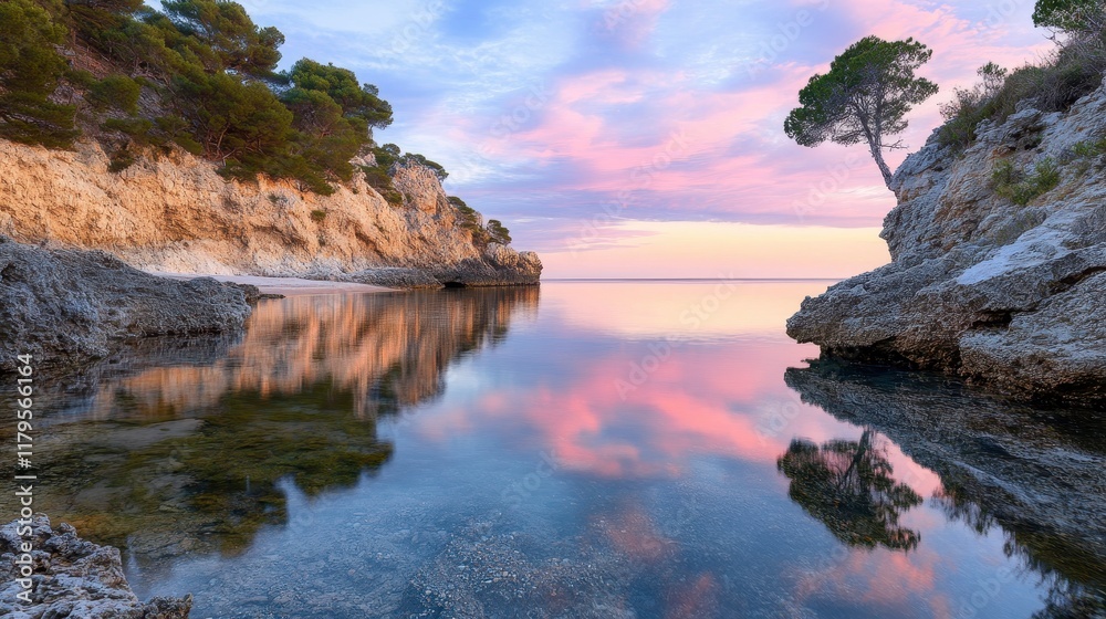 Obraz premium Serene Bay at Dusk, tranquil waters reflecting soft pink sky hues, creating a peaceful evening atmosphere.
