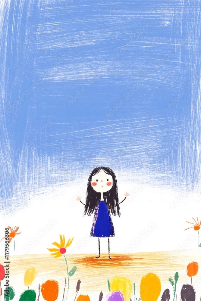 Joyful Girl Illustration: A whimsical, hand-drawn sketch in vibrant colors against a softly brushed blue sky.. AI Generated Joyful Girl Illustration: A whimsical, hand-drawn sketch in vibrant colors against a softly brushed blue sky.. AI Generated