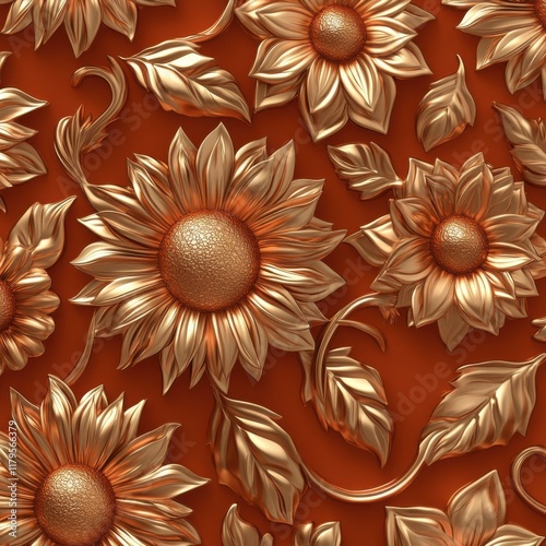 Metallic tithonia and copper rays on terracotta background with sun-like flowers, Mexican-inspired seamless pattern design for interiors, textiles, and wall murals photo