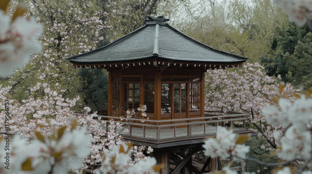 Elevated wooden pagoda nestled amongst blossoming cherry trees. Elevated wooden pagoda nestled amongst blossoming cherry trees.