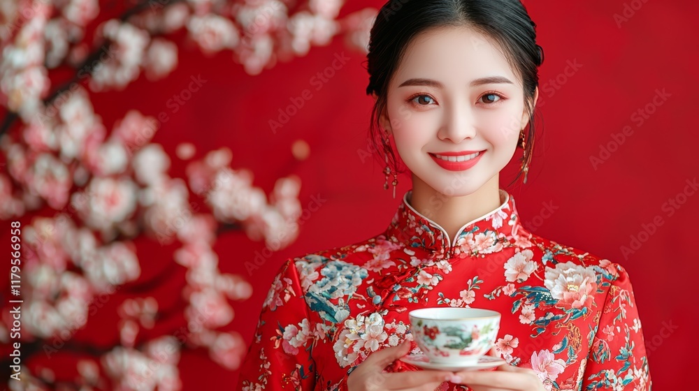 Chinese woman in a red floral qipao, holding a delicate tea cup in a traditional tea house, stock photo style Chinese woman in a red floral qipao, holding a delicate tea cup in a traditional tea house, stock photo style