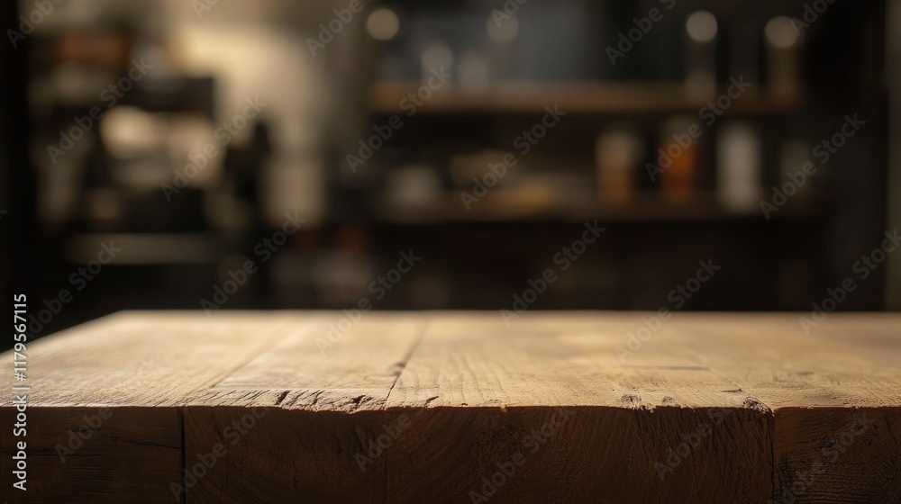 Empty wooden tabletop with a blurred background of a coffee shop, restaurant, or kitchen interior, ideal for product displays and social media promotions Empty wooden tabletop with a blurred background of a coffee shop, restaurant, or kitchen interior, ideal for product displays and social media promotions