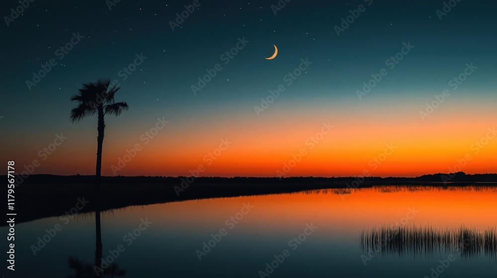 Fototapeta premium A serene sunset with a crescent moon reflecting on calm waters and a lone palm tree in the distance.