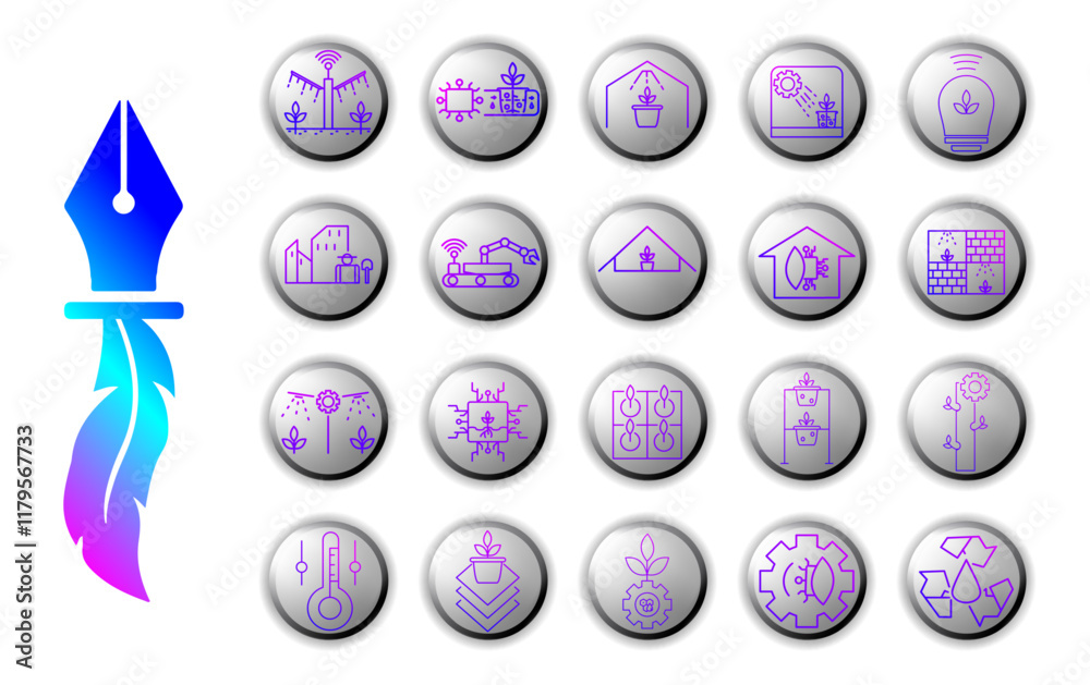 Vertical Farming icon set designed with modern and elegant style. Blue and purple gradient effect to create a futuristic, high-tech and sustainable impression, modern farming Vertical Farming icon set designed with modern and elegant style. Blue and purple gradient effect to create a futuristic, high-tech and sustainable impression, modern farming