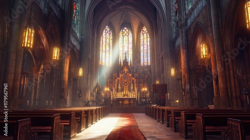 Majestic Church Interior with Soft Light Streaming through Stained Glass Windows