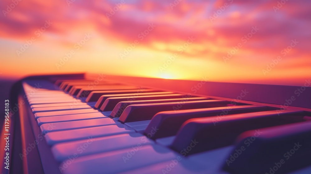 Fototapeta premium A surreal image where piano keys extend endlessly into a sunset sky, blending imagination with music,