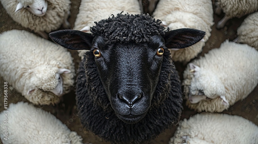 Naklejka premium Black sheep standing out from the crowd of white sheep