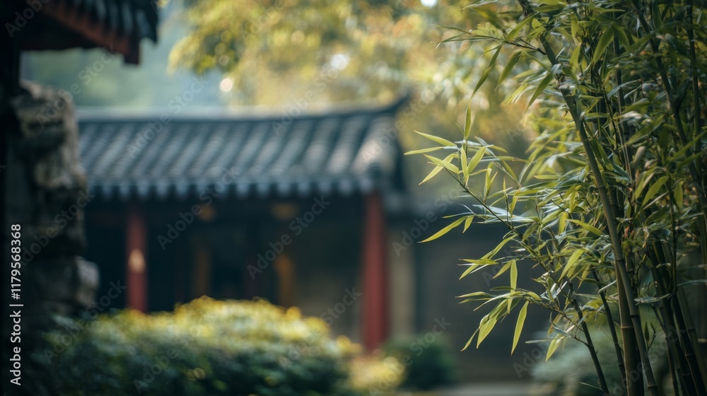Fototapeta premium Bamboo shoots and leaves in ancient Chinese garden. Blurred background highlights lush greenery and intricate textures.
