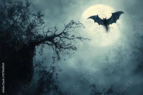 gothic halloween composition with flying bat silhouette and dark blooming flowers in mysterious moonlit background photo