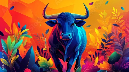 Vibrant Bull in a Tropical Garden: Bold Abstract Art