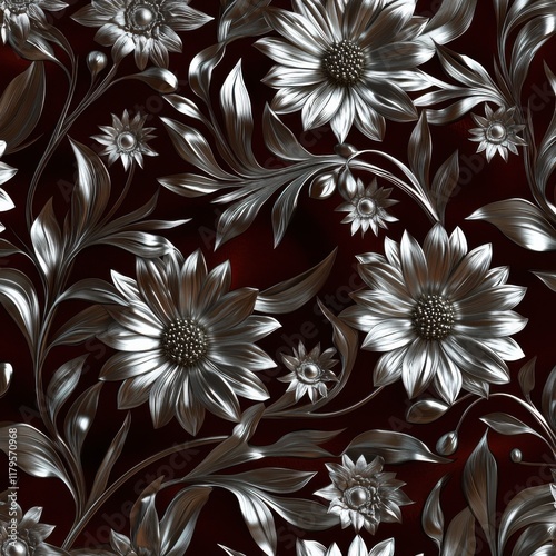 Prairie-inspired seamless pattern with platinum gaillardia and silver petals on dark mahogany, metallic floral design for fabric printing and wall finishes, rustic decor concept photo