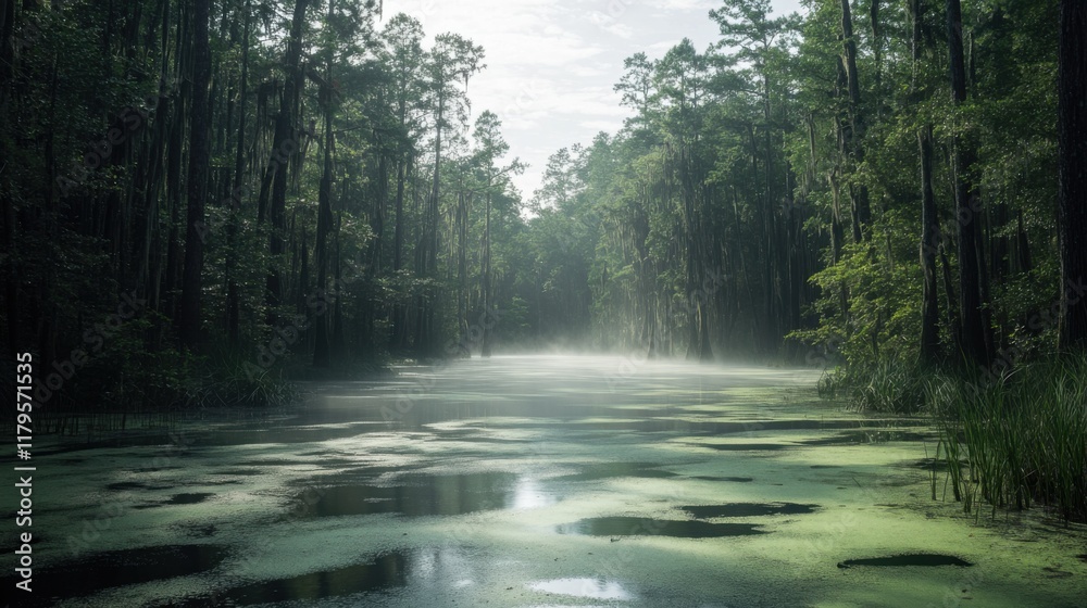 Obraz premium Misty Swamp River Scene Cypress Trees, Spanish Moss, Green Algae