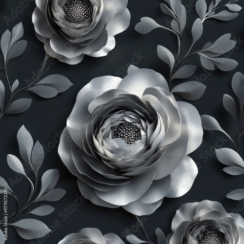 Luxurious platinum ranunculus and silver foliage pattern, metallic 3D design, dark graphite and silver colors, high-end interior decoration concept photo